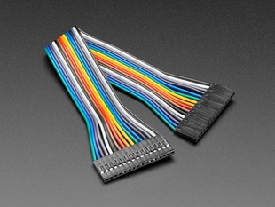 Angled shot of 20cm long 16-pin 2.54mm pitch jumper cable.