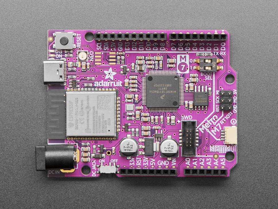 Top shot of Adafruit Metro M7 with AirLift - Featuring NXP iMX RT1011.