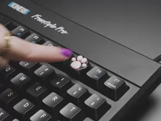 Angled video of a purple manicured finger squishing the kitty paw print keycap on a keyboard.
