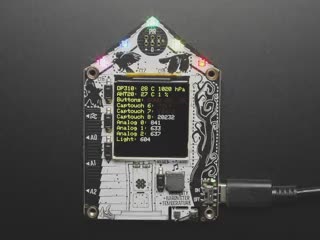Top-down video of Adafruit Funhouse PCB. The TFT display shows a data readout, and the NeoPixel LEDs glow rainbow colors.