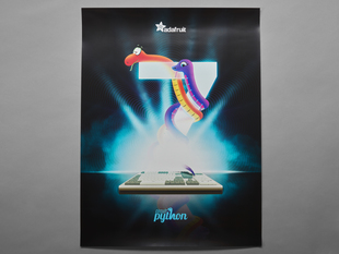 Top view poster art featuring a glowing mystical number 7 above a keyboard. The MicroPython snake mascot as well as Blinka, a friendly pink and purple coding python are wrapped around the number 7.