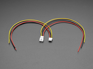 Angled shot of two 2.0mm pitch 3-pin JST PH matching cable pairs. The cables are not connected.