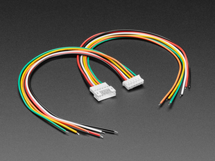 Angled shot of two separate JST-PH 2.00mm Pitch 6-pin Matching Pair Cables - 40cm long.