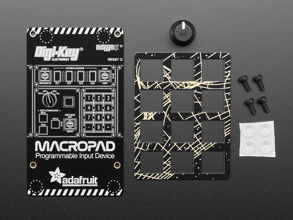 Top view of add-on pack for MacroPad including plates, rotary, and hardware.