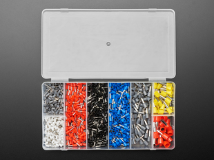 Top view of a clear plastic storage box opened up with several compartments of variously sized wire ferrules.