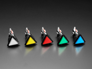 Angled shot of five triangle-shaped LED pushbuttons in white, yellow, red, green, and blue.