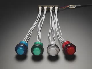 Four 30mm arcade buttons in order of color: blue, green, clear, and red. A white hand with a white painted manicure presses each of the arcade buttons.