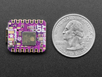 Back of small square purple dev board next to US quarter for scale.