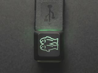 Etched Glow-Through Keycap with Glitch Logo attached to a USB cable changing colors 