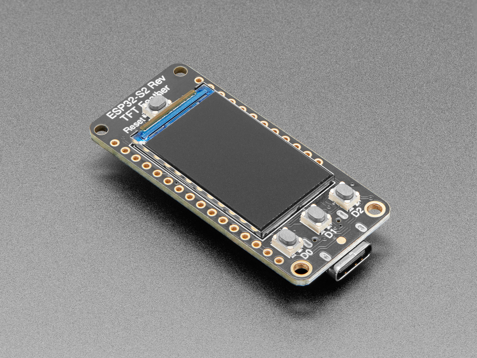 Angled shot of a rectangular microcontroller with a TFT display.