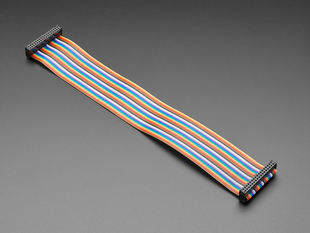 Angled shot of rainbow-colored 34-pin IDC ribbon cable.