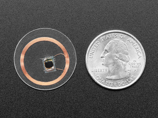 Bottom of small, clear, circular NTAG203 (13.56MHz RFID/NFC) tag next to US quarter for scale.