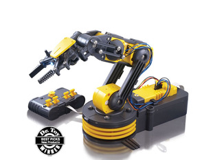 Yellow robotic arm with 3 joints and a wired controller.