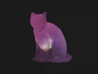 Close-up video of a cat-shaped LED. The LED glows a spectrum of white to green to purple light.