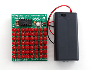 Assembled 8x8 red LED grid PCB with battery holder