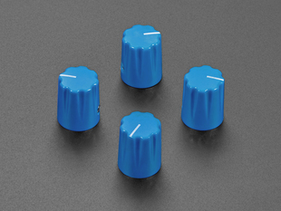 Angled shot of four blue plastic micro knobs.