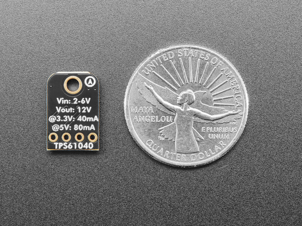 Overhead hot of small, black, rectangular boost converter breakout board next to US quarter for scale.