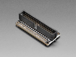Angled shot of a black rectangular microcontroller with GPIO header.
