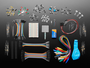 Overhead shot of electronics kit contents.