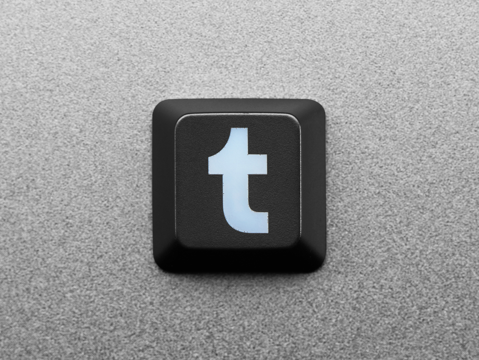 Overhead shot of a black R4 profile keycap with the Tumblr logo.