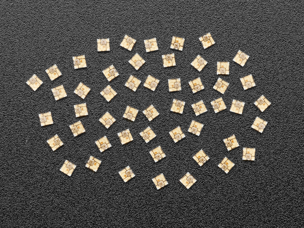 Overhead shot of 50 tiny surface-mount LEDs.