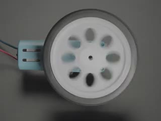 Video of a black and white wheel rolling via a blue TT motor.