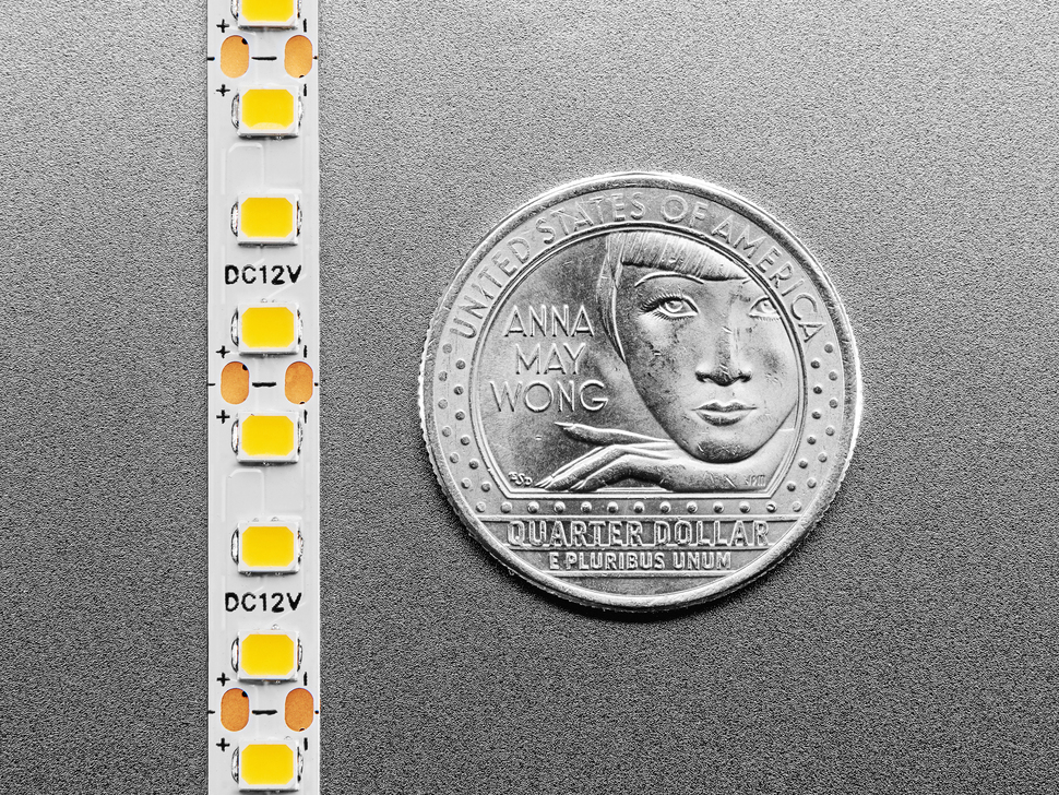 Close Up Shot of the Single Color LED Strip Double-Sided 12V 3000K - 1 meter next to U.S. Quarter for Scale.