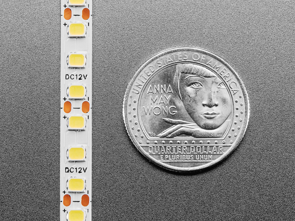 Close Up Shot of the Double-Sided Single Color 12V LED Strip next to U.S. Quarter for Scale.