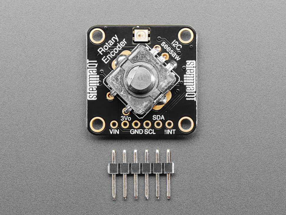 Top Down Front Shot of the I2C Stemma QT Rotary Encoder Breakout with Encoder & 6pin Header.