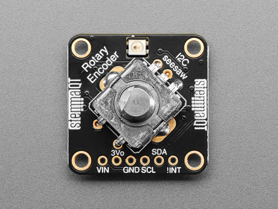 Top Down Front Shot of the I2C Stemma QT Rotary Encoder Breakout with Encoder.