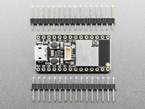Overhead shot of black, rectangular microcontroller between two pieces of 16-pin header.