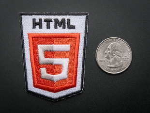 Shield shaped embroidered badge with the black letters HTML over a red box with a white number 5, on a white background. The badge is trimmed in black and shown next to a quarter for scale. 