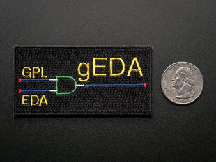 Rectangular embroidered badge with a diode schematic in green and blue, and the words GPL, EDA, gEDA in yellow, over a black background. Shown next to a quarter for scale. 