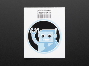 Circular blue sticker showing friendly robot waving