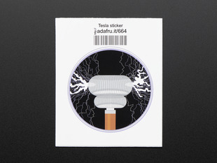 Circular sticker with tesla coil machine in copper and grey shooting out lavender and white brush discharges on a black background, trimmed in lavender. Mounted on white paper with barcode. 