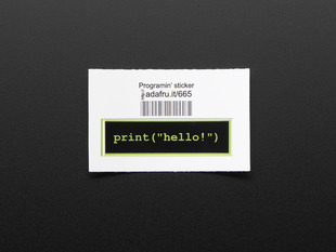 Rectangular sticker with green words "Print Hello" on black background with green edging. Mounted on white paper with barcode. 