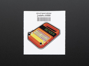 Rectangularish sticker in the shape of analog synthesizer in orange with many yellow and red buttons, dials, switches and a black screen with the word BENDER in green 8-bit font. Mounted on white with barcode