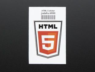Shield shaped sticker with the black letters HTML over a red box with a white number 5, on a white background. The badge is trimmed in black and mounted on white paper with barcode