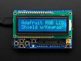 RGB LCD Shield Kit w/ 16x2 Character Display. Display reads "Adafruit RGB LCD Shield w/Keypad!"