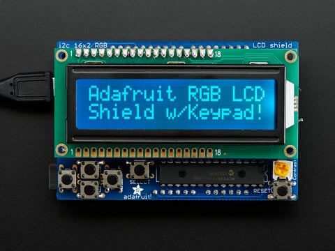 RGB LCD Shield Kit w/ 16x2 Character Display. Display reads "Adafruit RGB LCD Shield w/Keypad!"