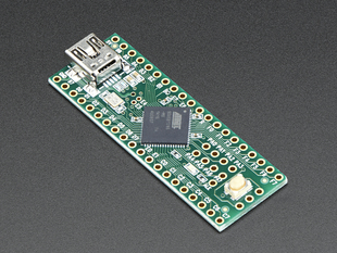 Angled shot of Teensy++ dev board with AT90USB128 chip and mini USB port.