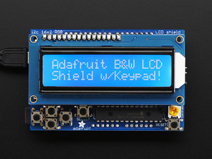 LCD Shield Kit w/ 16x2 Character Display. Display reads : Adafruit B&W LCD Shield w/Keypad!