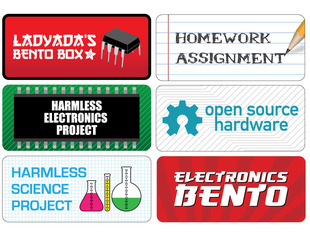 2 by 3 grid of 6 equal sized rectangular stickers showing the red "Lady ada's bento box" sticker, white with blue lined "homework assignment"sticker, green trimmed "harmless electronics project", turquoise lettered "open source hardware" sticker, red and green flasked "harmless science project" sticker, and a red striped "electronics bento" sticker.  