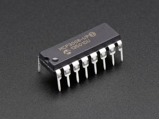 Angled shot of a MCP3008 - 8-Channel 10-Bit ADC With SPI Interface.