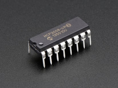 Angled shot of a MCP3008 - 8-Channel 10-Bit ADC With SPI Interface.
