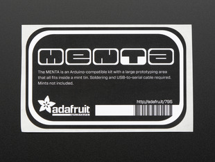 Black rectangular sticker with roounded corners reading "menta"  in stylized letters. With adafruit logo,name and barcode in white. mounted on white paper.  