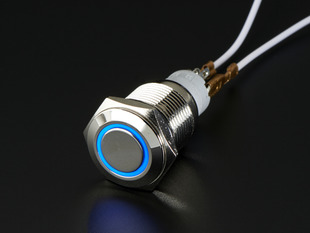 Angled shot of a Rugged Metal On/Off Switch with Blue LED Ring.