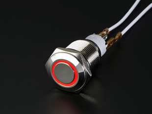 Angled shot of Rugged Metal On/Off Switch with Red LED Ring - 16mm Red On/Off.