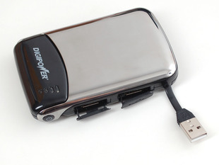 Angled shot of a silver rectangular USB battery pack.