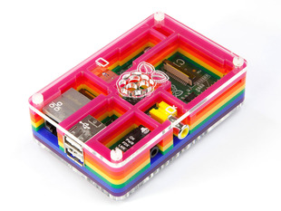Angled shot of assembled rainbow-colored enclosure for Raspberry Pi Model B.